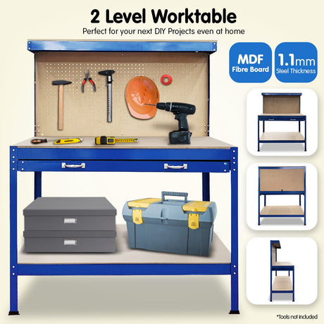 Kartrite 2-layered Steel Work Bench Garage Storage Table Tool Shop Shelf Pegboard Drawer