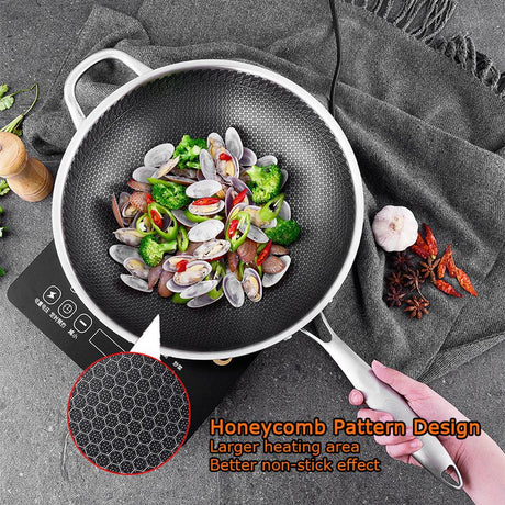 34cm 304 Stainless Steel Non-Stick Stir Fry Cooking Kitchen Honeycomb Wok Pan with Lid