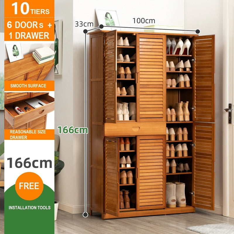 8 Tier Bamboo Large Capacity Storage Shelf Shoe Rack Cabinet 4Doors 1 Drawer Natural