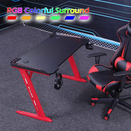 120cm RGB Gaming Desk Home Office Carbon Fiber Led Lights Game Racer Computer PC Table Z-Shaped Red