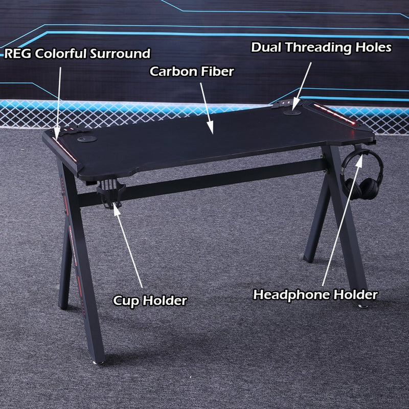 140cm RGB Gaming Desk Home Office Carbon Fiber Led Lights Game Racer Computer PC Table Y-Shaped Black