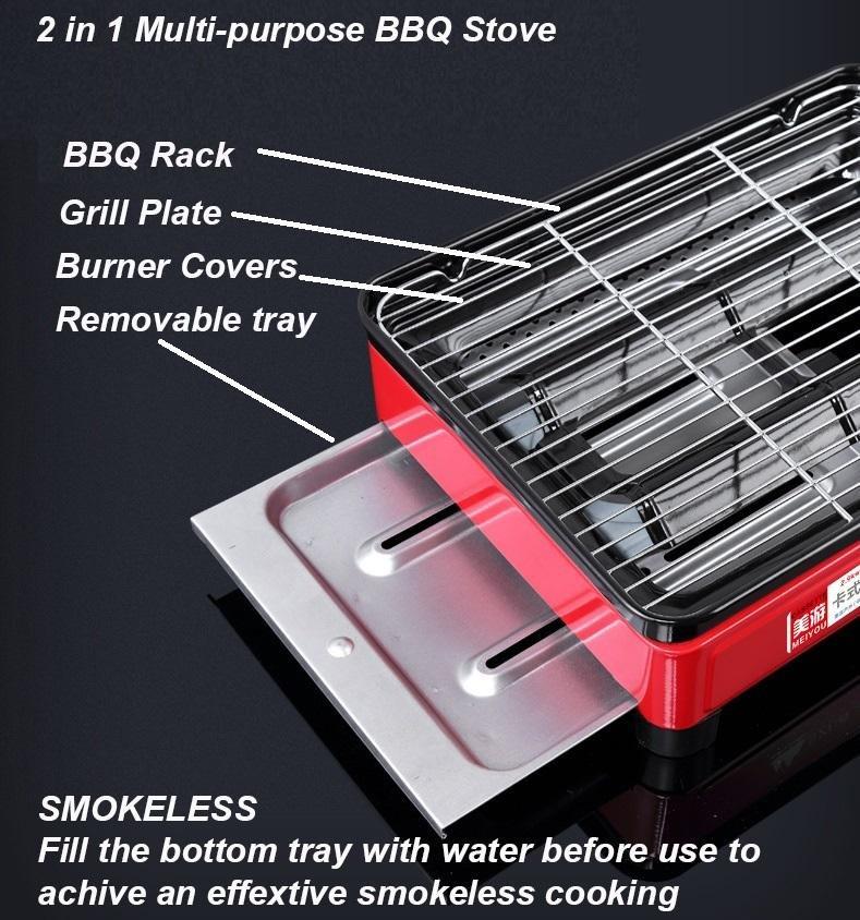 Portable Gas Stove Burner Butane BBQ Camping Gas Cooker With Non Stick Plate Orange with Fish Pan and Lid