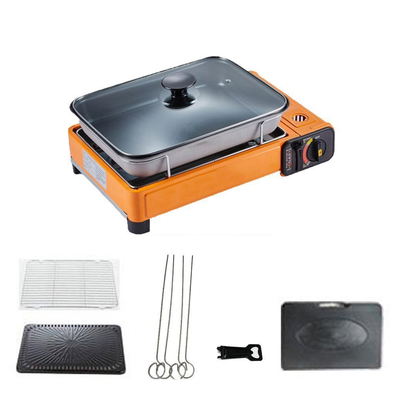 Portable Gas Stove Burner Butane BBQ Camping Gas Cooker With Non Stick Plate Orange with Fish Pan and Lid