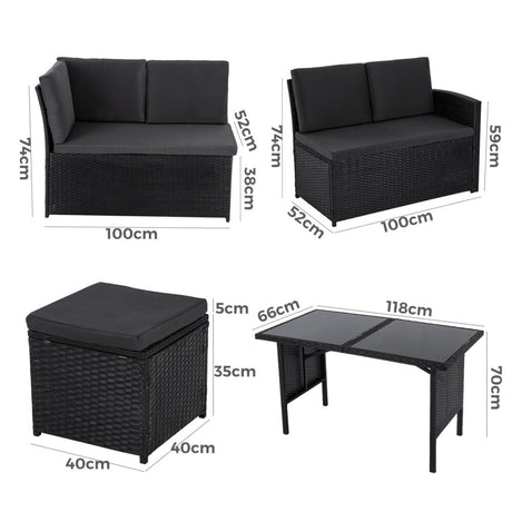 Ella 8-Seater Modular Outdoor Garden Lounge and Dining Set with Table and Stools in Black