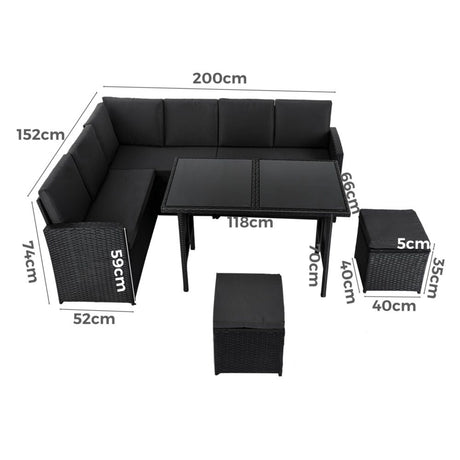 Ella 8-Seater Modular Outdoor Garden Lounge and Dining Set with Table and Stools in Black