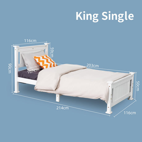 King Single Solid Pine Timber Bed Frame – White