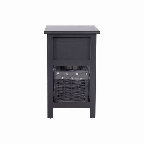 Bedside Table Nightstand with Drawer and Wicker Basket Grey