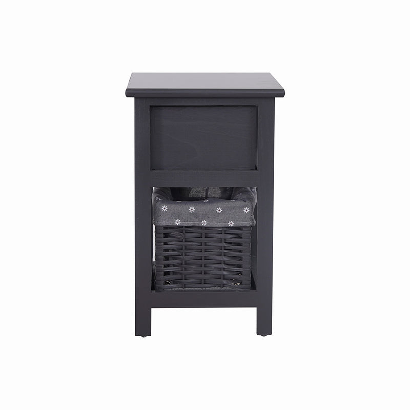 Bedside Table Nightstand with Drawer and Wicker Basket Grey