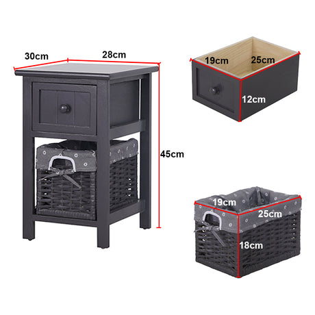 Bedside Table Nightstand with Drawer and Wicker Basket Grey