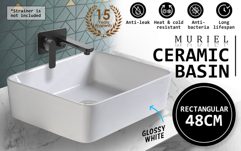 Muriel 48 x 37.5 x 13cm White Ceramic Bathroom Basin Vanity Sink Above Counter Top Mount Bowl