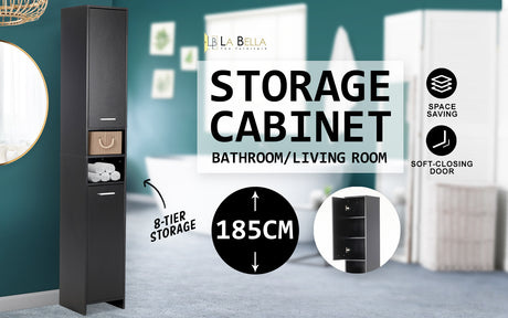 La Bella 185cm Black Bathroom Storage Cabinet Tall Slim