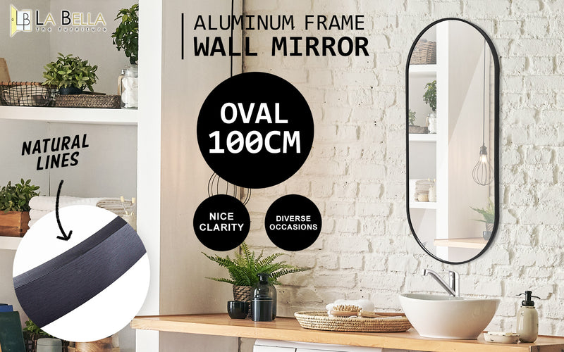 La Bella Black Wall Mirror Oval Aluminum Frame Makeup Decor Bathroom Vanity 45 x 100cm