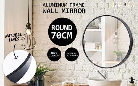 La Bella Black Wall Mirror Round Aluminum Frame Makeup Decor Bathroom Vanity 70cm