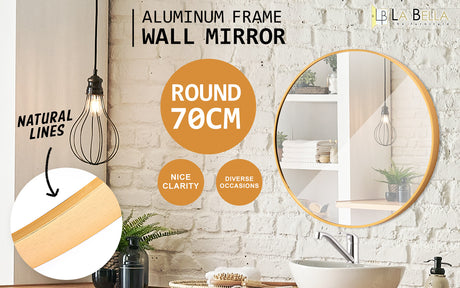 La Bella Gold Wall Mirror Round Aluminum Frame Makeup Decor Bathroom Vanity 70cm