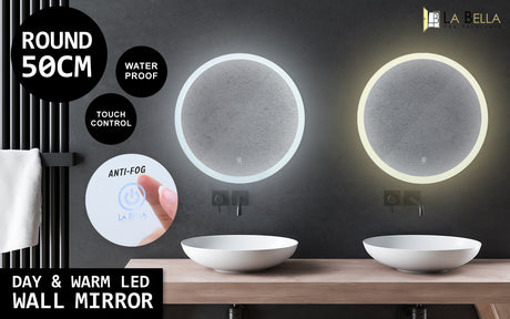 La Bella LED Wall Mirror Round Touch Anti-Fog Makeup Decor Bathroom Vanity 50cm