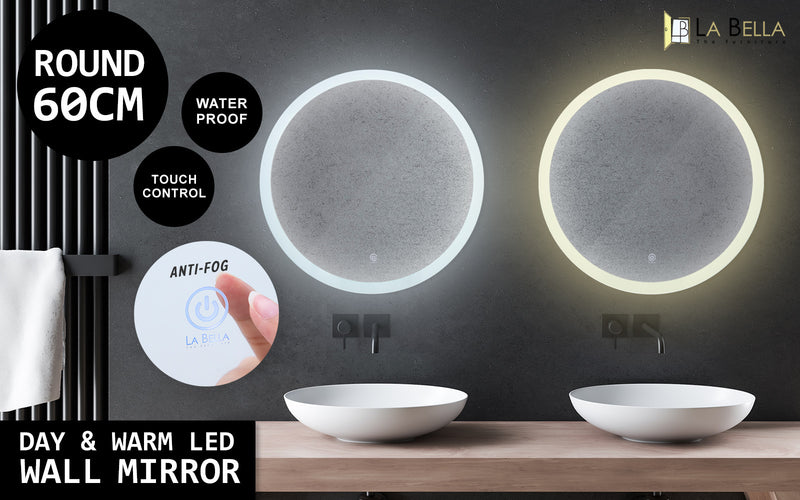 La Bella LED Wall Mirror Round Touch Anti-Fog Makeup Decor Bathroom Vanity 60cm