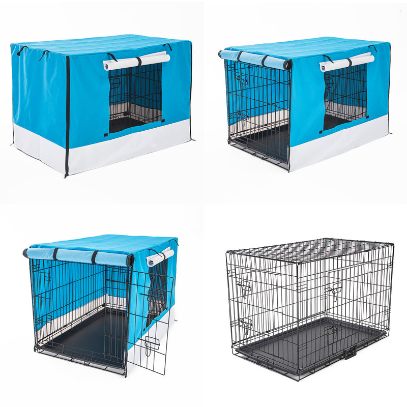 Paw Mate Wire Dog Cage Foldable Crate Kennel 42in with Tray + Blue Cover Combo