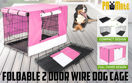 Paw Mate Wire Dog Cage Foldable Crate Kennel 42in with Tray + Pink Cover Combo