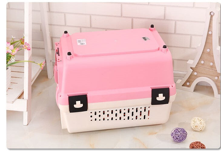 Medium Portable Plastic Dog Cat Pet Pets Carrier Travel Cage With Tray-Pink