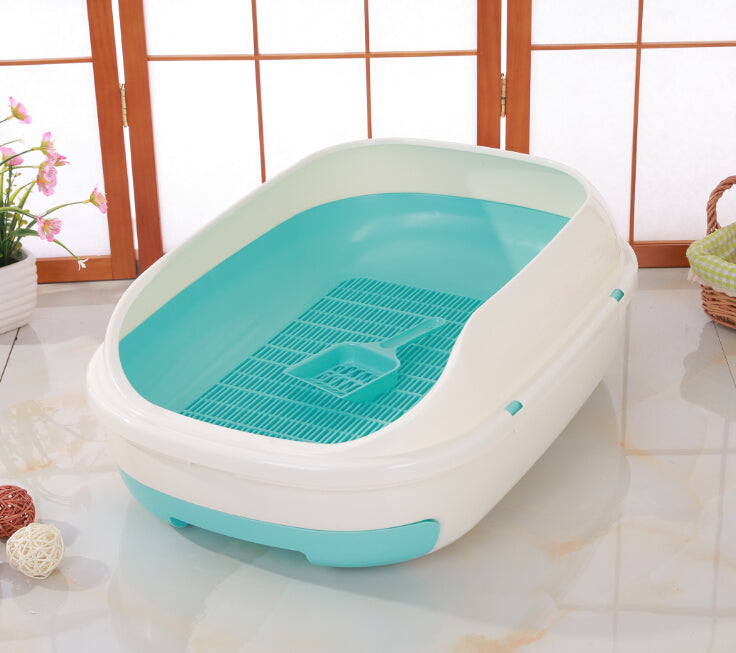 Medium Portable Cat Toilet Litter Box Tray with Scoop and Grid Tray-Blue Green