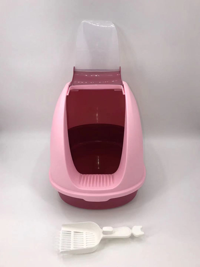 Portable Hooded Cat Toilet Litter Box Tray House with Handle and Scoop Pink