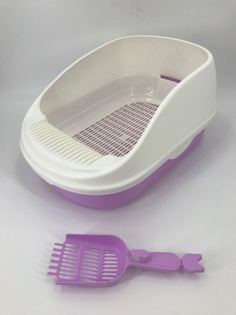 Large Portable Cat Toilet Litter Box Tray with Scoop and Grid Tray Purple