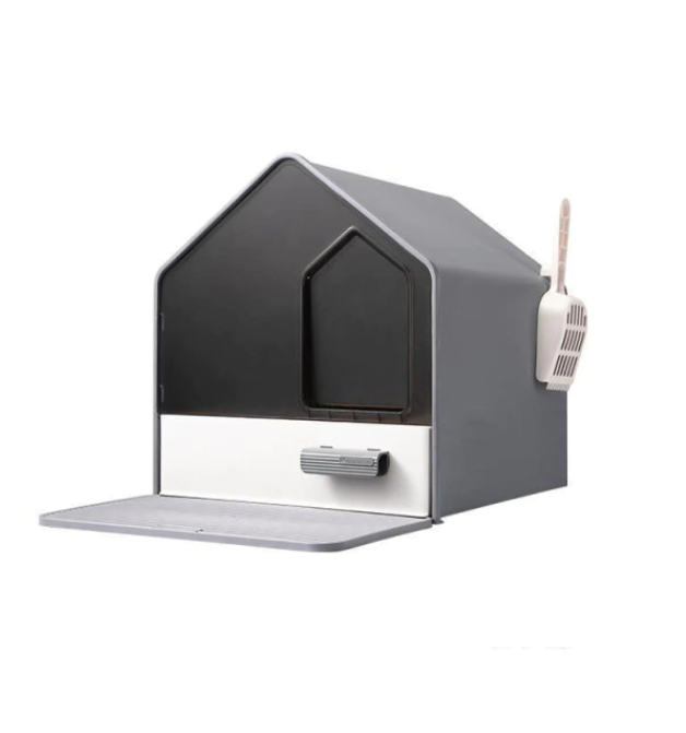 L Portable Hooded Cat Toilet Litter Box Tray House with Drawer and Scoop-Grey
