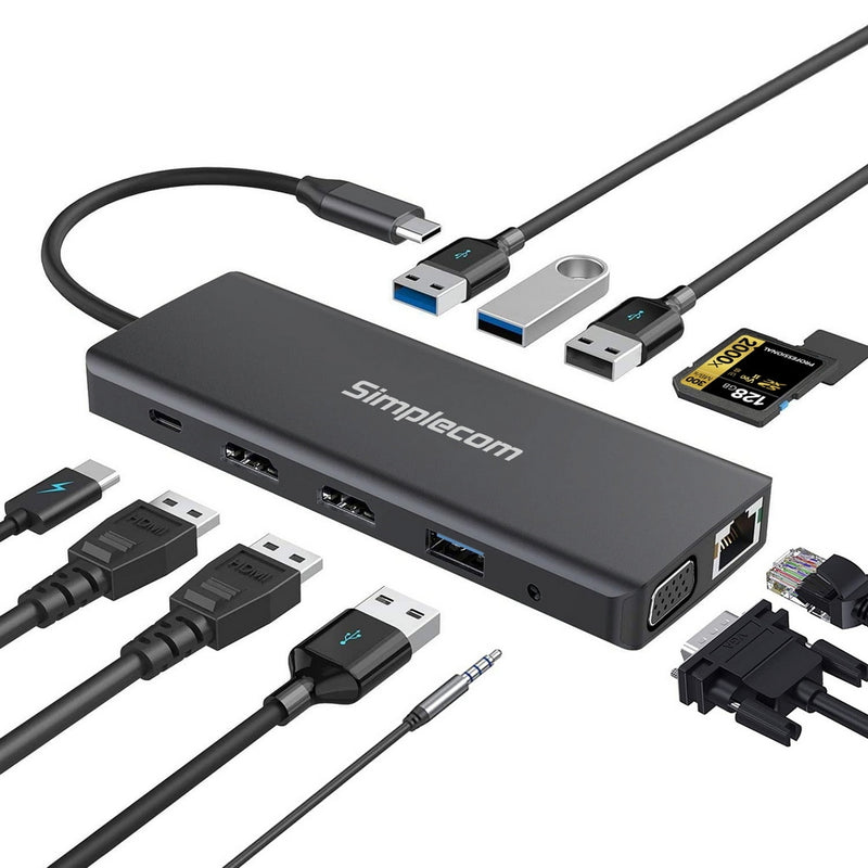 Simplecom CHN612 USB-C 12-in-1 Multiport Docking Station Dual HDMI + VGA Triple Display Gigabit LAN