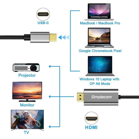 Simplecom DA321 USB-C Type C to HDMI Cable 1.8M (6ft) 4K@30Hz