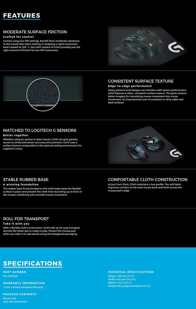 943-000046: Logitech G240 Cloth Gaming Mouse Pad