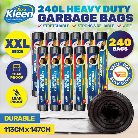 Xtra Kleen 240PCE 240L Garbage Bin Liners XXL Tear & Leak Proof 113 x 147cm