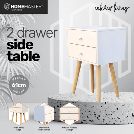 Home Master 2 Drawer Side Table Sleek Modern & Stylish Neutral Design 61cm
