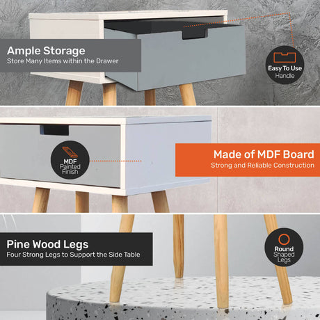 Home Master 1 Drawer Side Table Modern Sleek & Stylish Neutral Design 61cm
