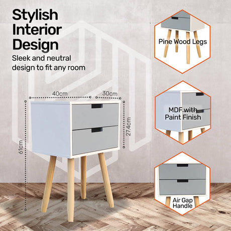 Home Master 2 Drawer Side Table Modern Sleek & Stylish Neutral Design 61cm