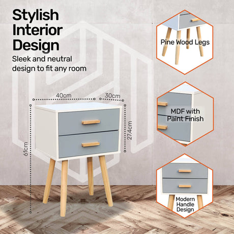 Home Master 2 Drawer Side Table Sleek Modern & Stylish Neutral Design 61cm