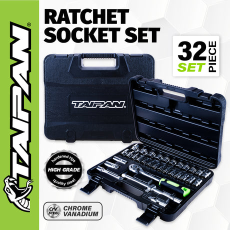 Taipan® 32PCE Ratchet Socket Set & Case Premium Quality Chrome Vanadium Steel
