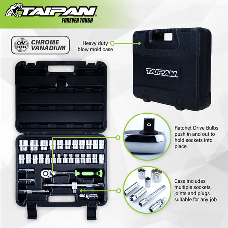 Taipan® 32PCE Ratchet Socket Set & Case Premium Quality Chrome Vanadium Steel
