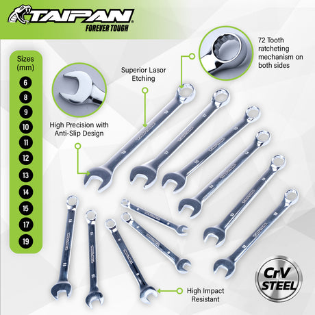 Taipan® 11PCE Combination Spanner Set Premium Quality Chrome Vanadium Steel