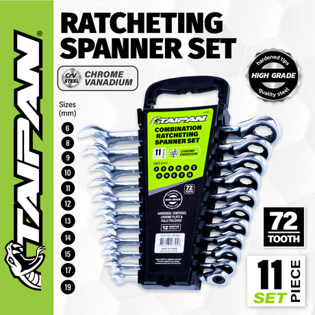 Taipan® 11PCE Ratcheting Spanner Set Premium Quality Chrome Vanadium Steel