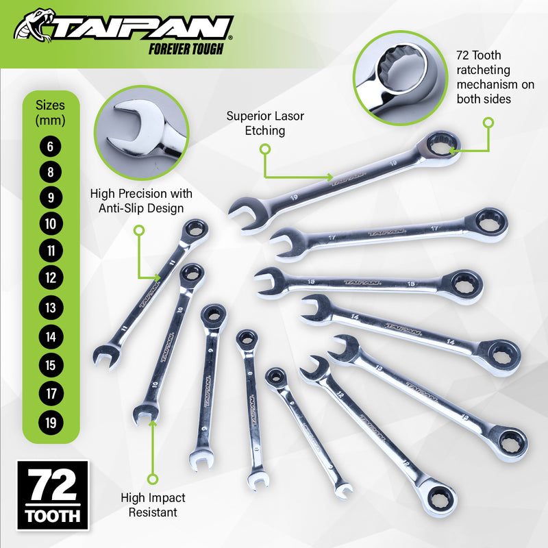 Taipan&reg; 11PCE Ratcheting Spanner Set Premium Quality Chrome Vanadium Steel