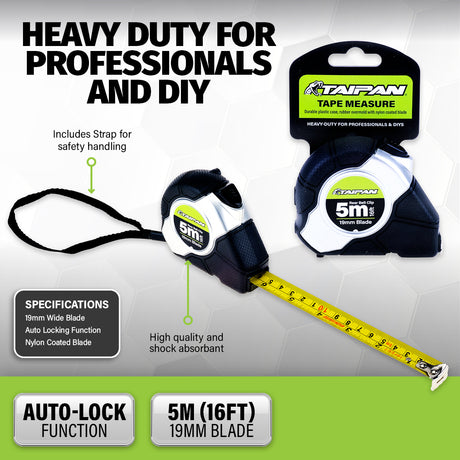 Taipan® 5m Tape Measure Auto Lock Function Shock Absorbent Rubber Case