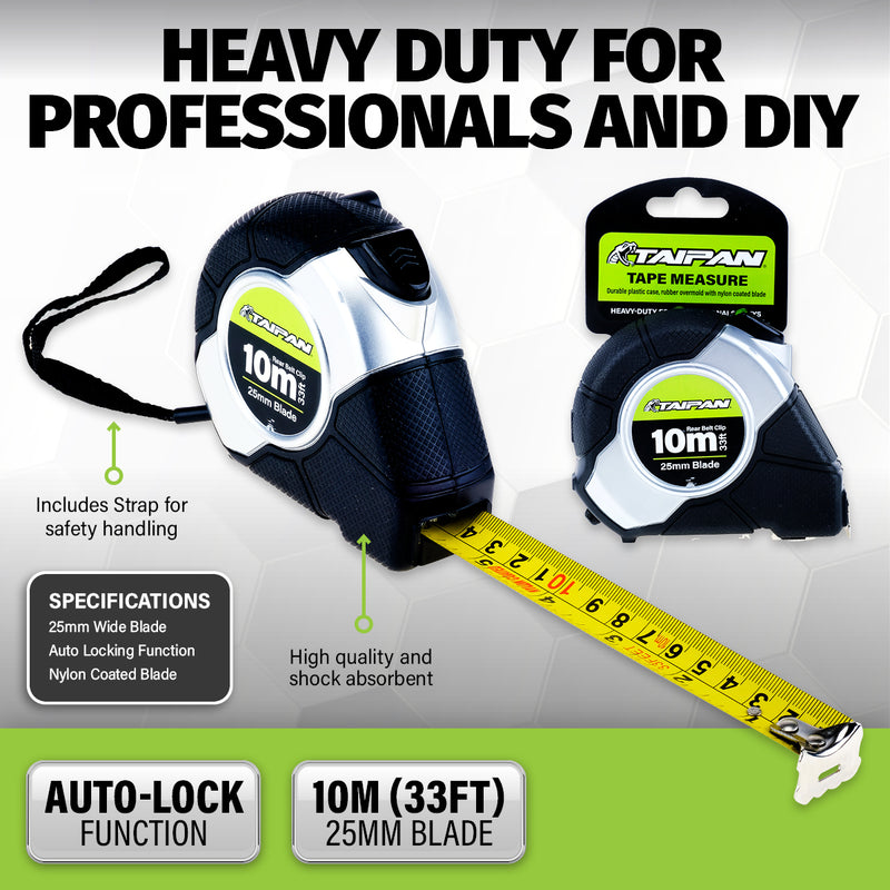 Taipan&reg; 10m Tape Measure Auto Lock Function Shock Absorbent Rubber Case