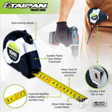 Taipan® 10m Tape Measure Auto Lock Function Shock Absorbent Rubber Case