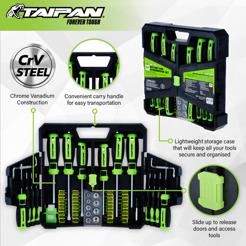 Taipan&reg; 63PCE Ratchet & Screwdriver Set With Case Premium Quality Steel