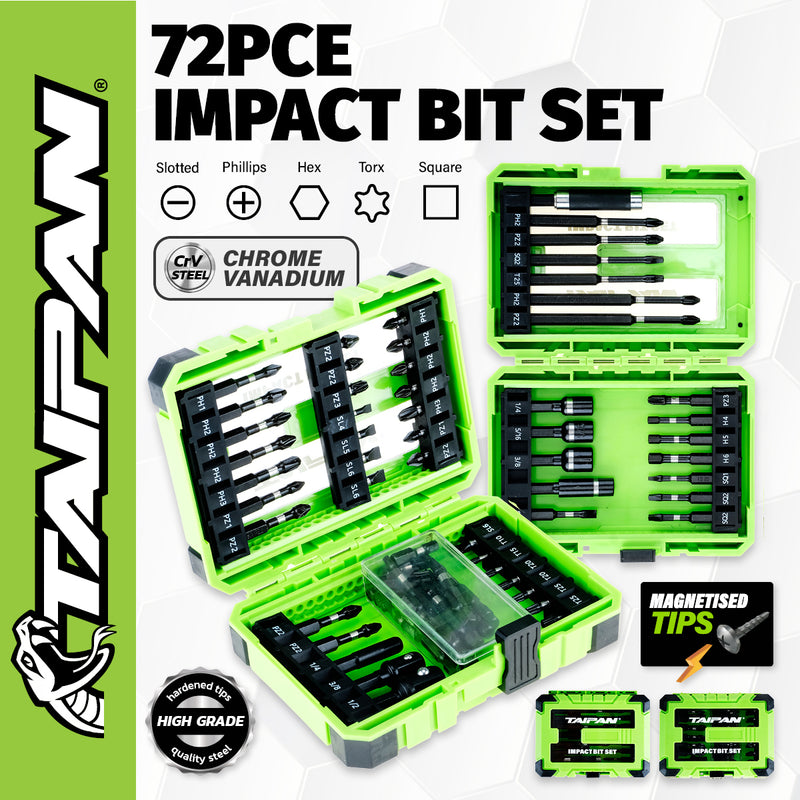Taipan&reg; 72PCE Impact Bit Set Magnetic Tips Various Heads Storage Case
