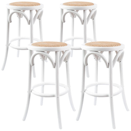 Aster 4pc Round Bar Stools Dining Stool Chair Solid Birch Wood Rattan Seat White
