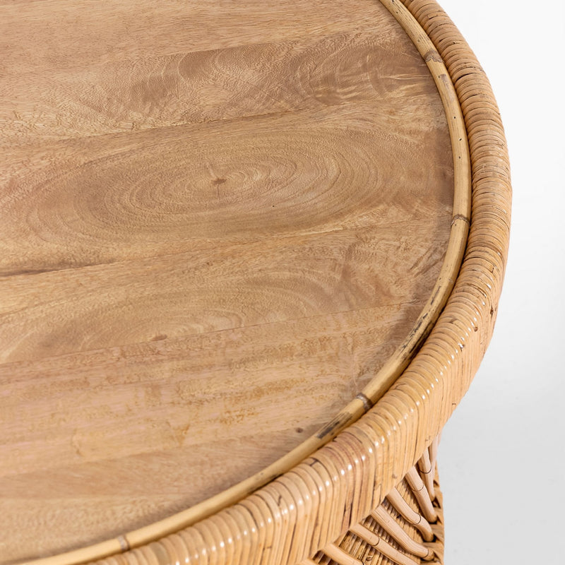 Freesia 80cm Round Coffee Table Mango Wood Top Rattan Frame - Natural