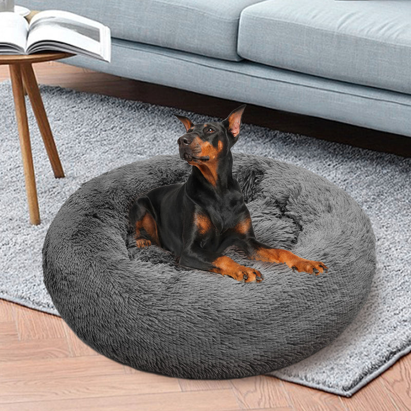 Dog Pet Cat Calming Bed Warm Plush Round Nest Comfy Sleeping Bed Dark Grey 70cm