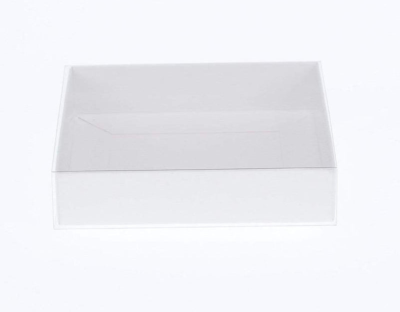 100 Pack of 15cm Square Invitation Coaster Favor Function product Presentation Cookie Biscuit Patisserie Gift Box - 4cm deep - White Card with Clear Slide On PVC Lid