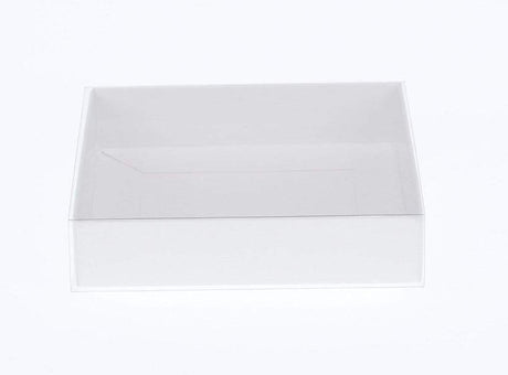 100 Pack of White Card Box - Clear Slide On Lid - 17 x 25 x 5cm -  Large Beauty Product Gift Giving Hamper Tray Merch Fashion Cake Sweets Xmas